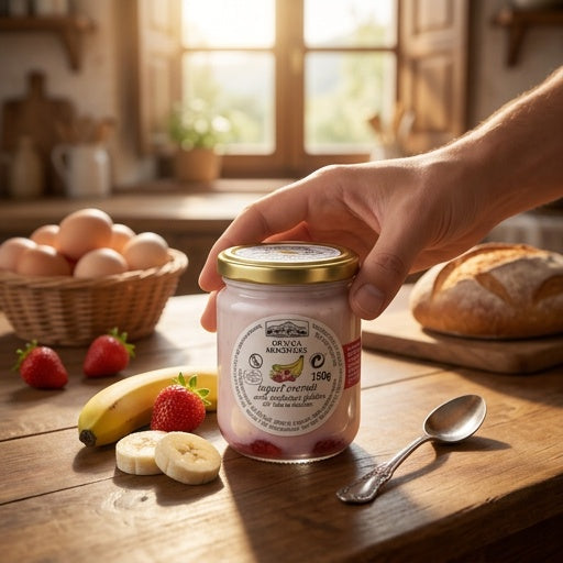 Iogurt cremós amb melmelada de maduixa i plàtan 150g